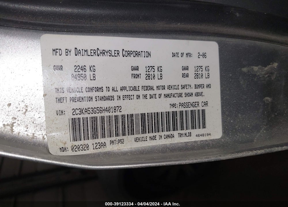 2006 CHRYSLER 300 TOURING VIN: 2C3KA53G56H401872