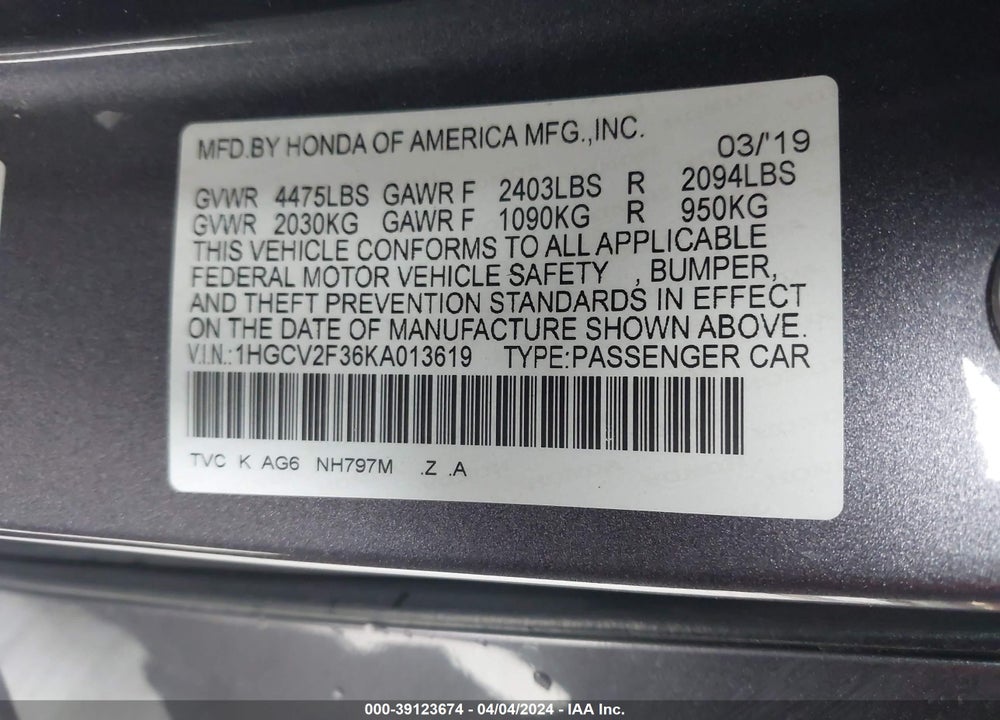 2019 HONDA ACCORD SPORT 2.0T VIN: 1HGCV2F36KA013619
