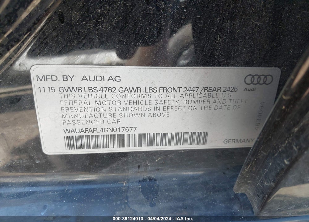 2016 AUDI A4 2.0T PREMIUM VIN: WAUAFAFL4GN017677