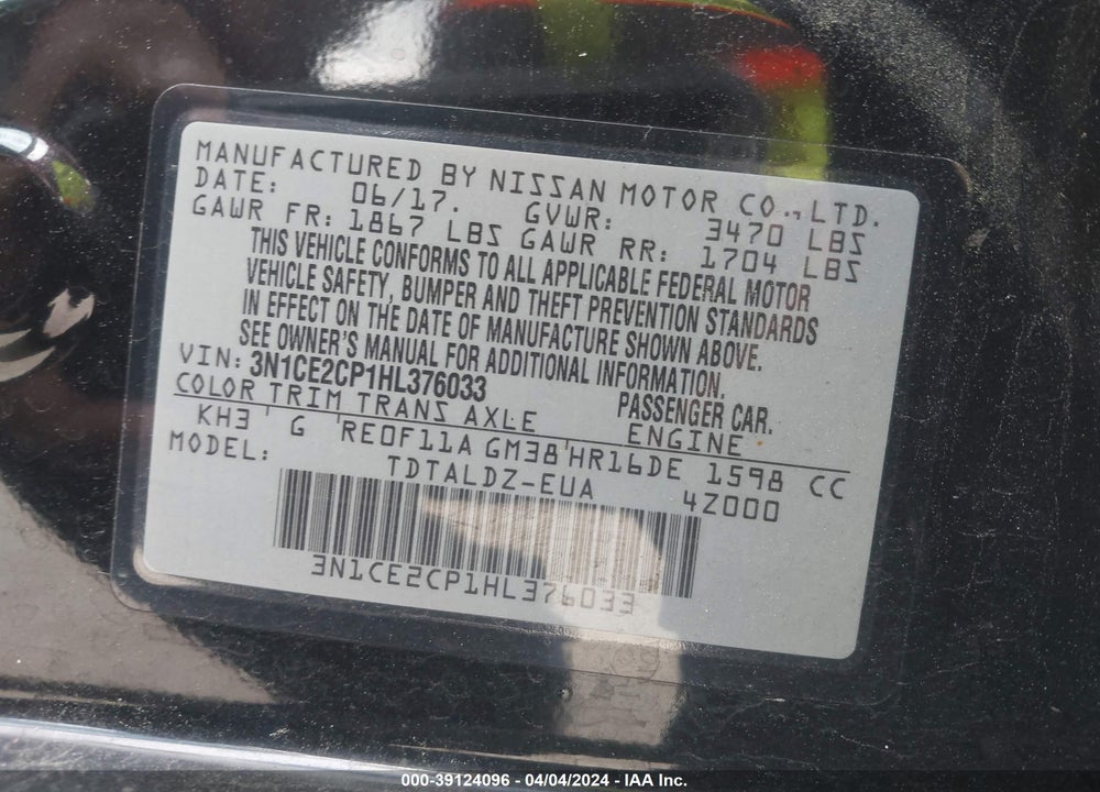 2017 NISSAN VERSA NOTE SV VIN: 3N1CE2CP1HL376033