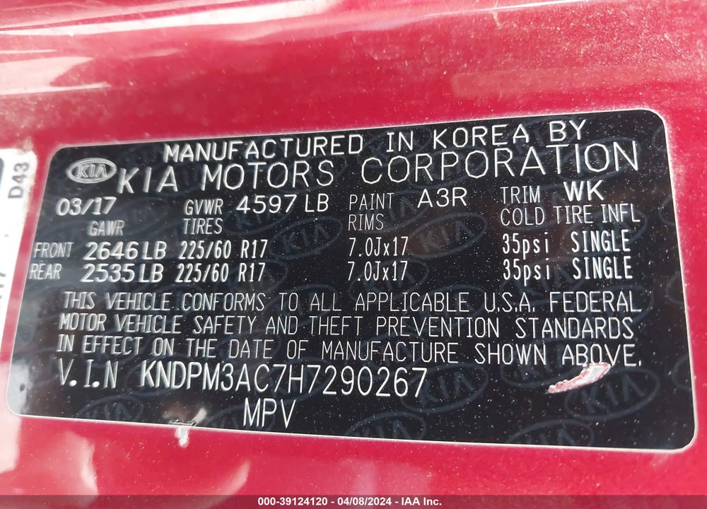 2017 KIA SPORTAGE LX VIN: KNDPM3AC7H7290267