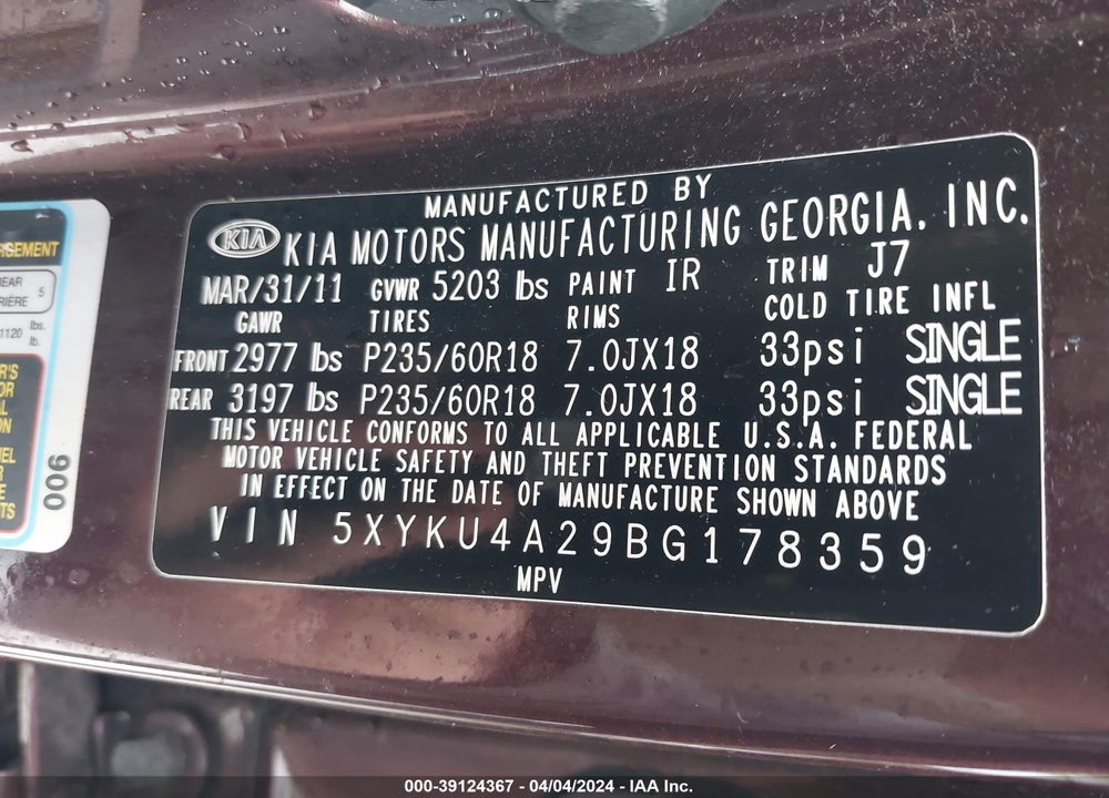 2011 KIA SORENTO EX V6 VIN: 5XYKU4A29BG178359
