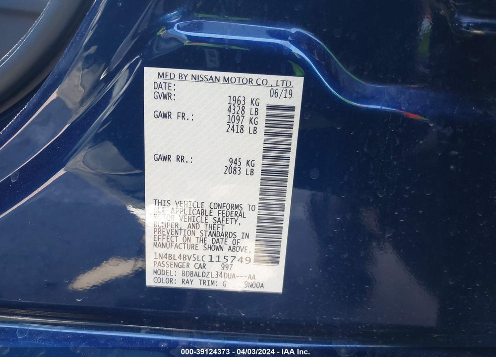 2020 NISSAN ALTIMA S FWD VIN: 1N4BL4BV5LC115749