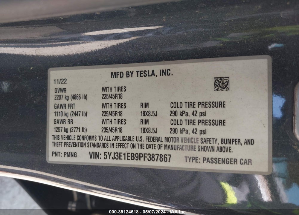 2023 TESLA MODEL 3 LONG RANGE DUAL MOTOR ALL-WHEEL DRIVE VIN: 5YJ3E1EB9PF387867