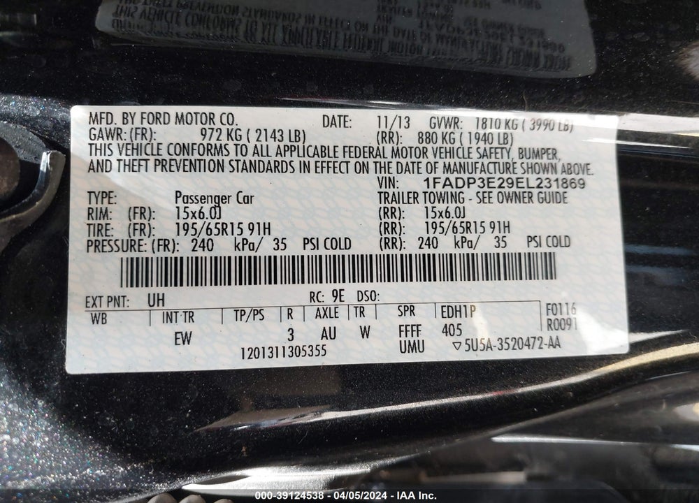 2014 FORD FOCUS S VIN: 1FADP3E29EL231869