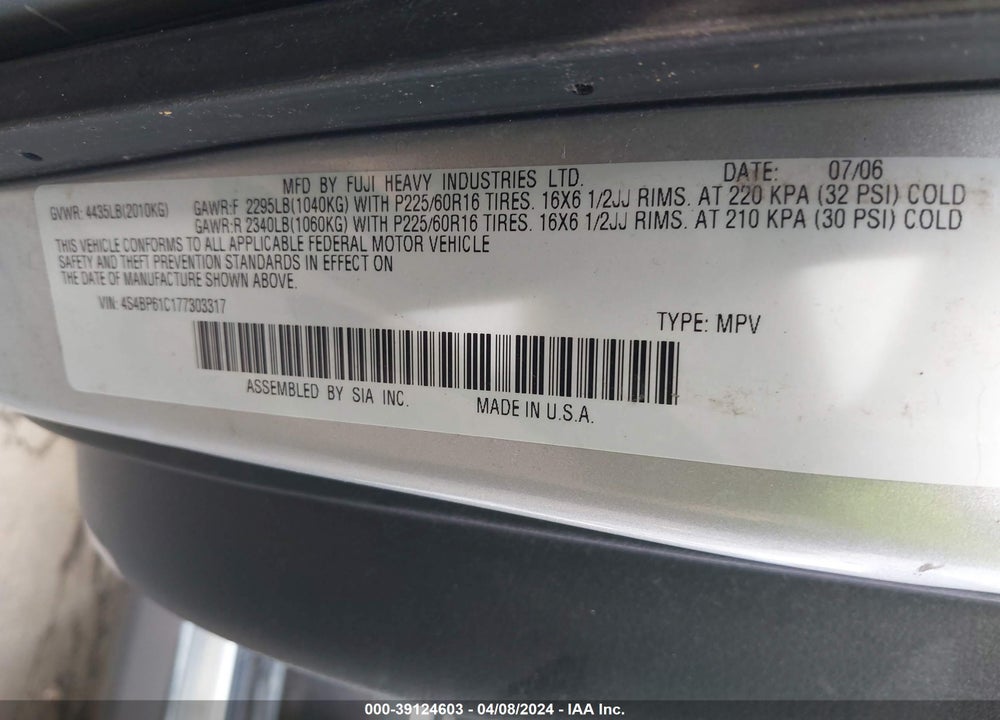 2007 SUBARU OUTBACK 2.5I BASIC VIN: 4S4BP61C177303317
