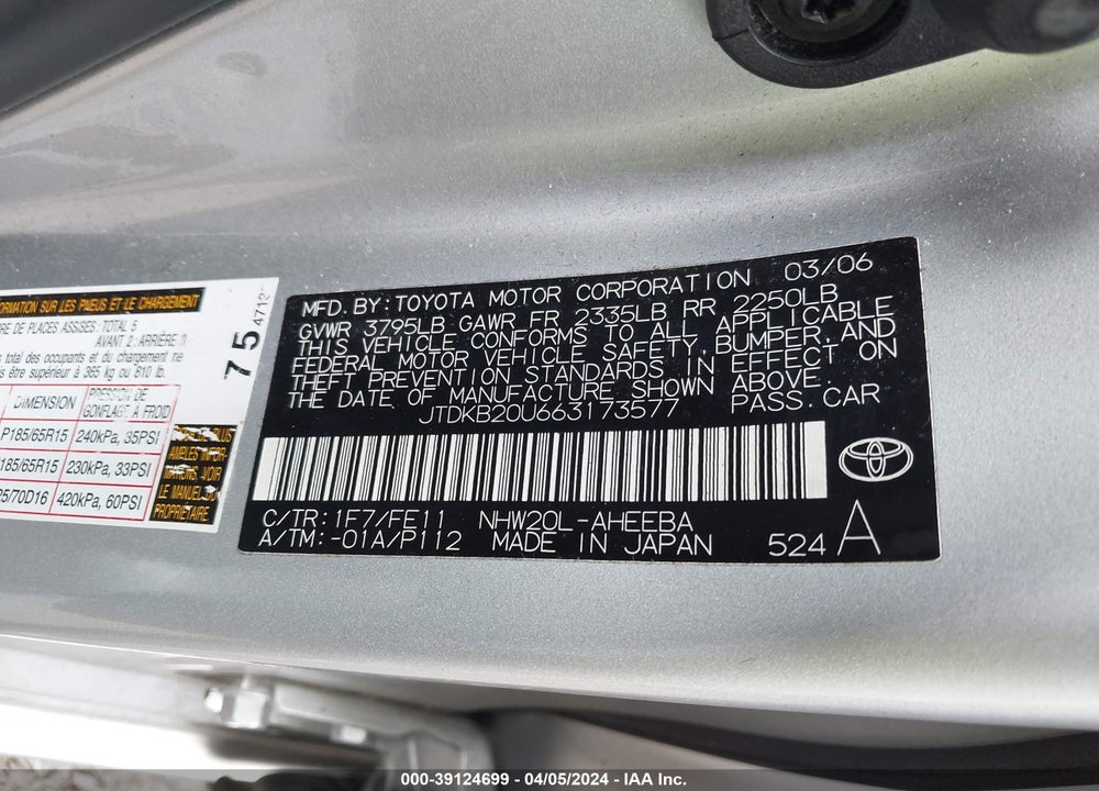 2006 TOYOTA PRIUS VIN: JTDKB20U663173577