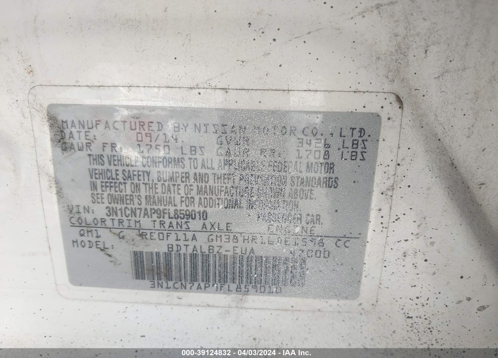 2015 NISSAN VERSA 1.6 S/1.6 S+/1.6 SL/1.6 SV VIN: 3N1CN7AP9FL859010
