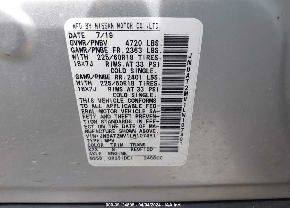 2020 NISSAN ROGUE SV INTELLIGENT AWD VIN: JN8AT2MV1LW107481