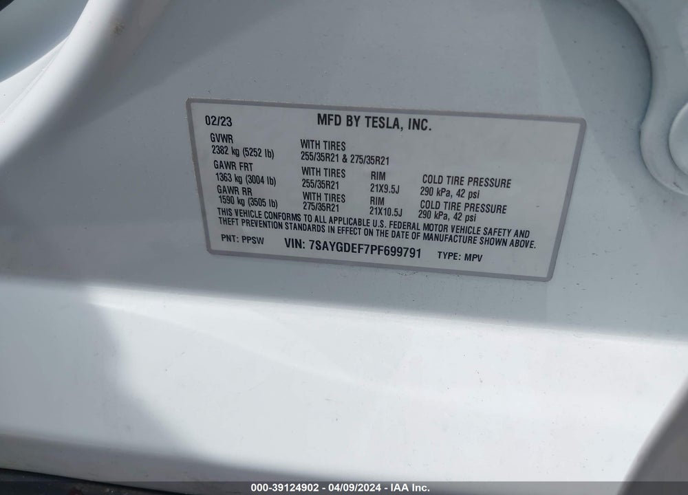2023 TESLA MODEL Y AWD/PERFORMANCE DUAL MOTOR ALL-WHEEL DRIVE VIN: 7SAYGDEF7PF699791
