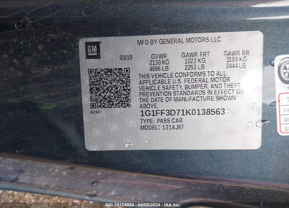 2019 CHEVROLET CAMARO 1SS VIN: 1G1FF3D71K0138563