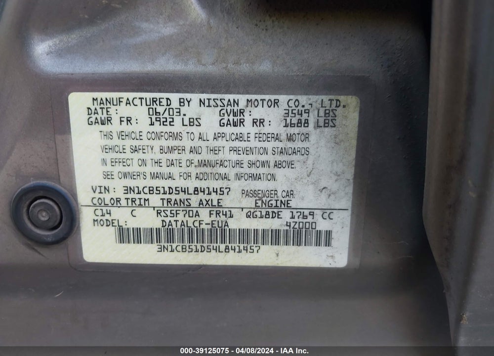 2004 NISSAN SENTRA 1.8 VIN: 3N1CB51D54L841457