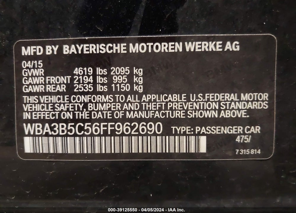 2015 BMW 328I XDRIVE VIN: WBA3B5C56FF962690