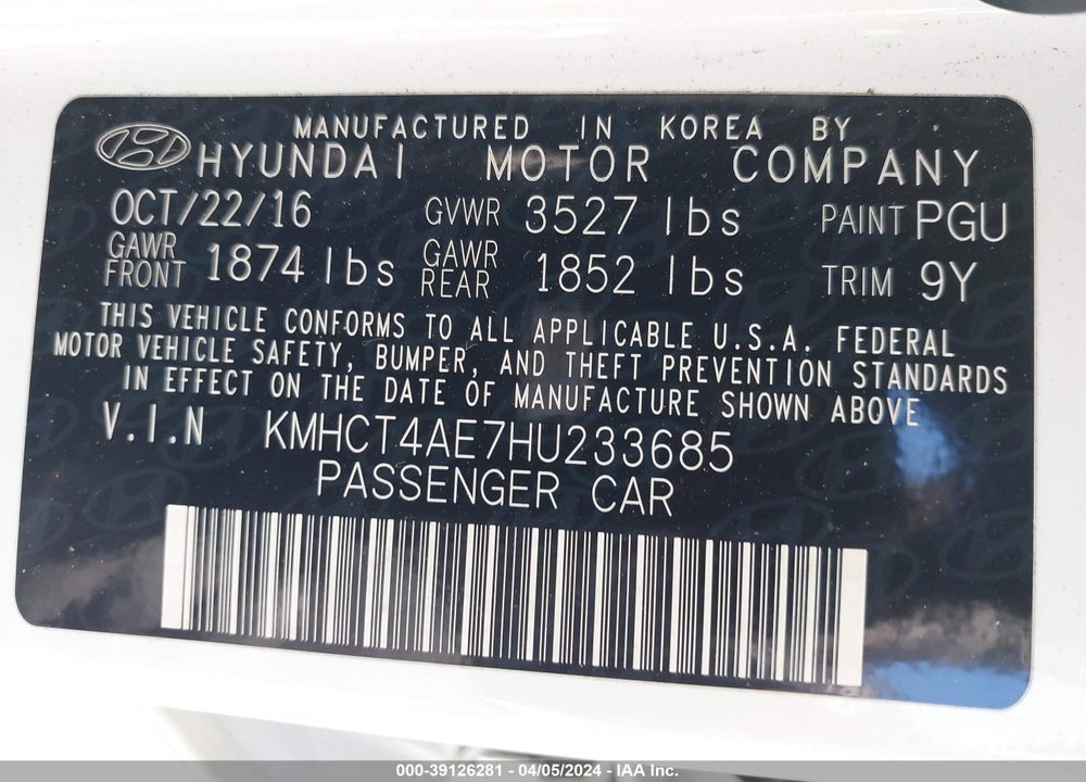 2017 HYUNDAI ACCENT VALUE EDITION VIN: KMHCT4AE7HU233685