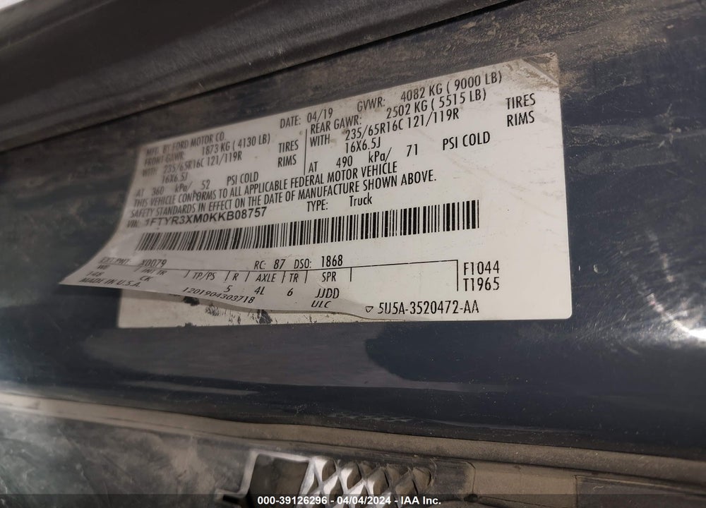 2019 FORD TRANSIT-250 VIN: 1FTYR3XM0KKB08757