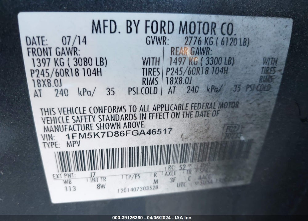 2015 FORD EXPLORER XLT VIN: 1FM5K7D86FGA46517