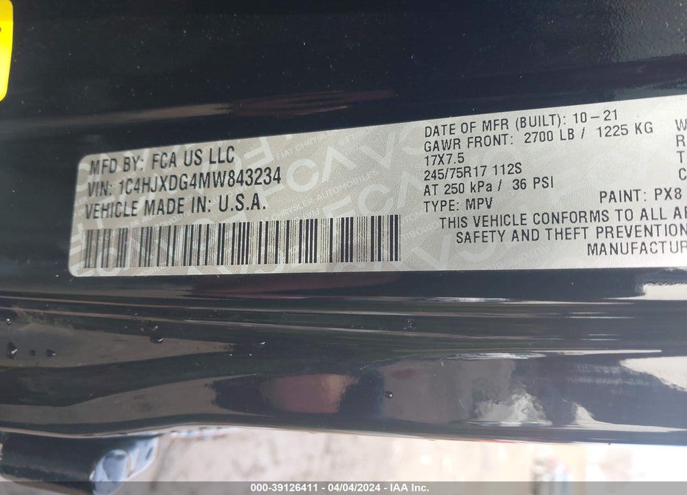 2021 JEEP WRANGLER UNLIMITED VIN: 1C4HJXDG4MW843234