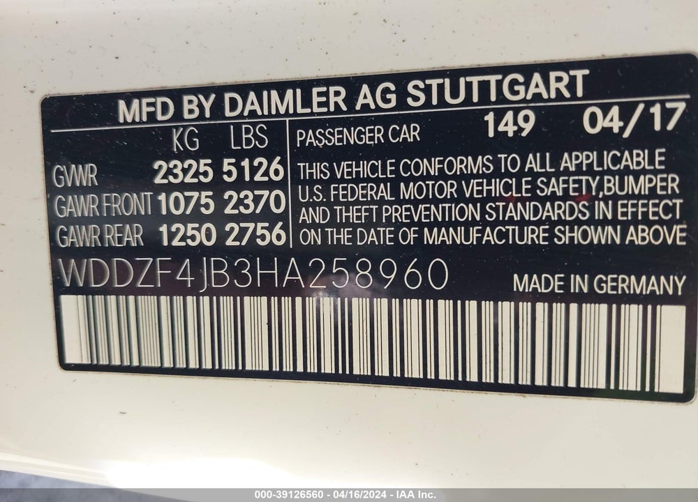 2017 MERCEDES-BENZ E 300 VIN: WDDZF4JB3HA258960
