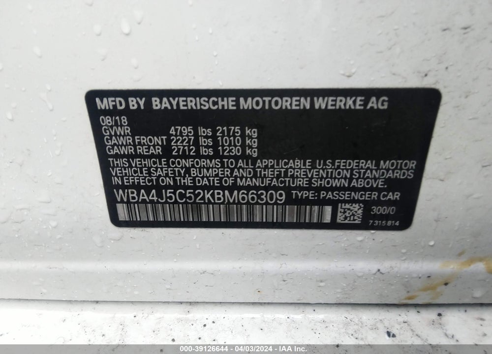 2019 BMW 440I GRAN COUPE VIN: WBA4J5C52KBM66309