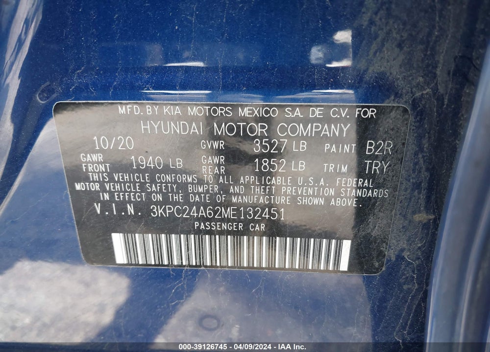 2021 HYUNDAI ACCENT SE VIN: 3KPC24A62ME132451