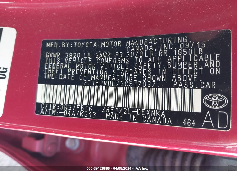 2016 TOYOTA COROLLA LE VIN: 2T1BURHE7GC517037