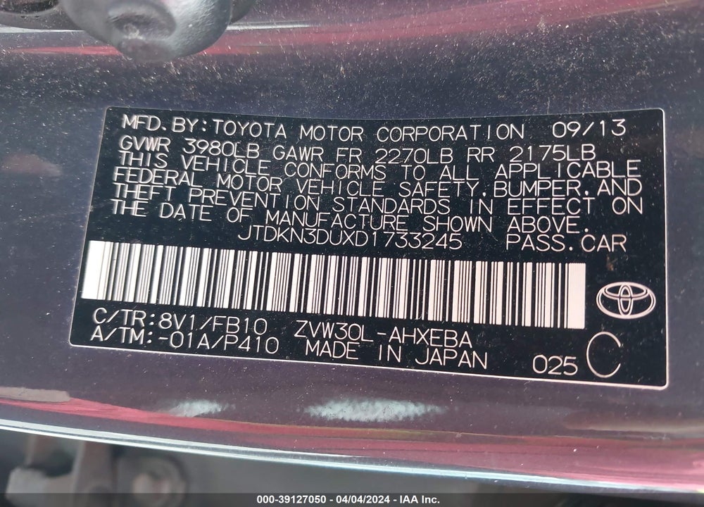 2013 TOYOTA PRIUS TWO VIN: JTDKN3DUXD1733245