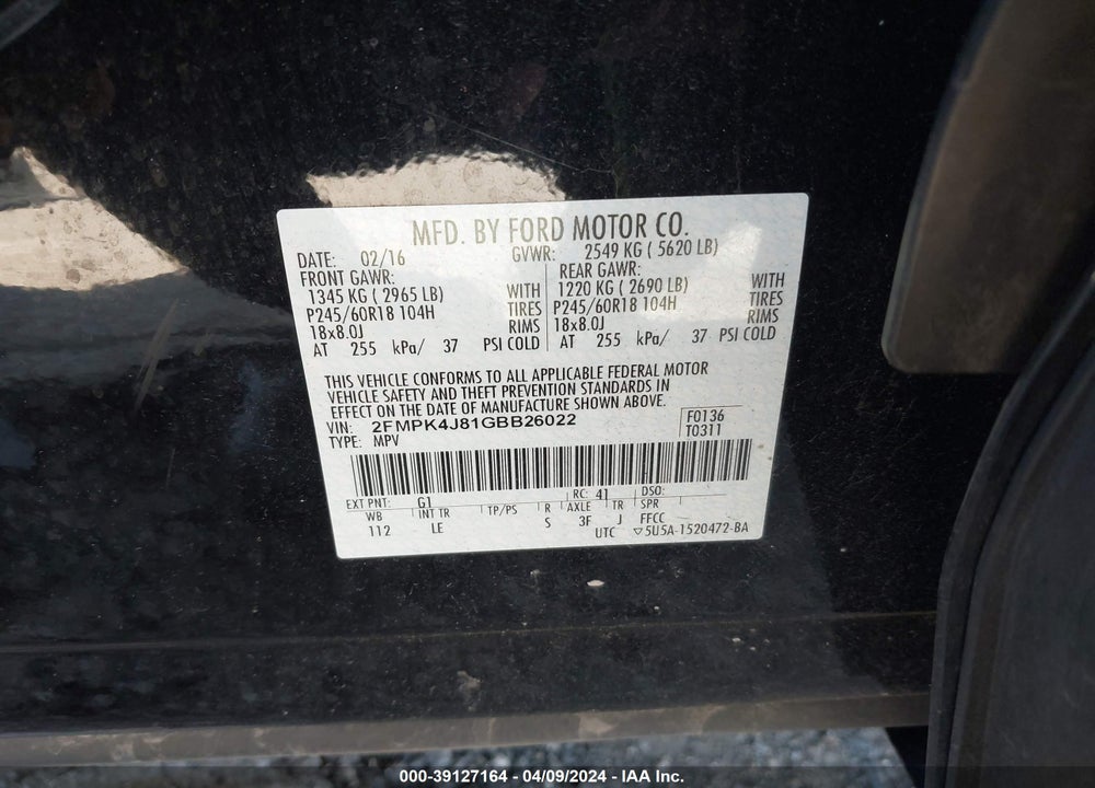 2016 FORD EDGE SEL VIN: 2FMPK4J81GBB26022