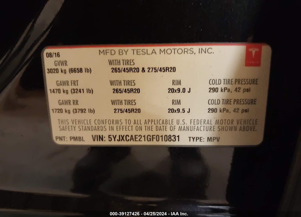 2016 TESLA MODEL X 60D/70D/75D/90D VIN: 5YJXCAE21GF010831