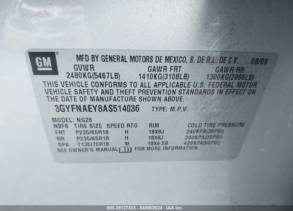 2010 CADILLAC SRX LUXURY COLLECTION VIN: 3GYFNAEY8AS514036