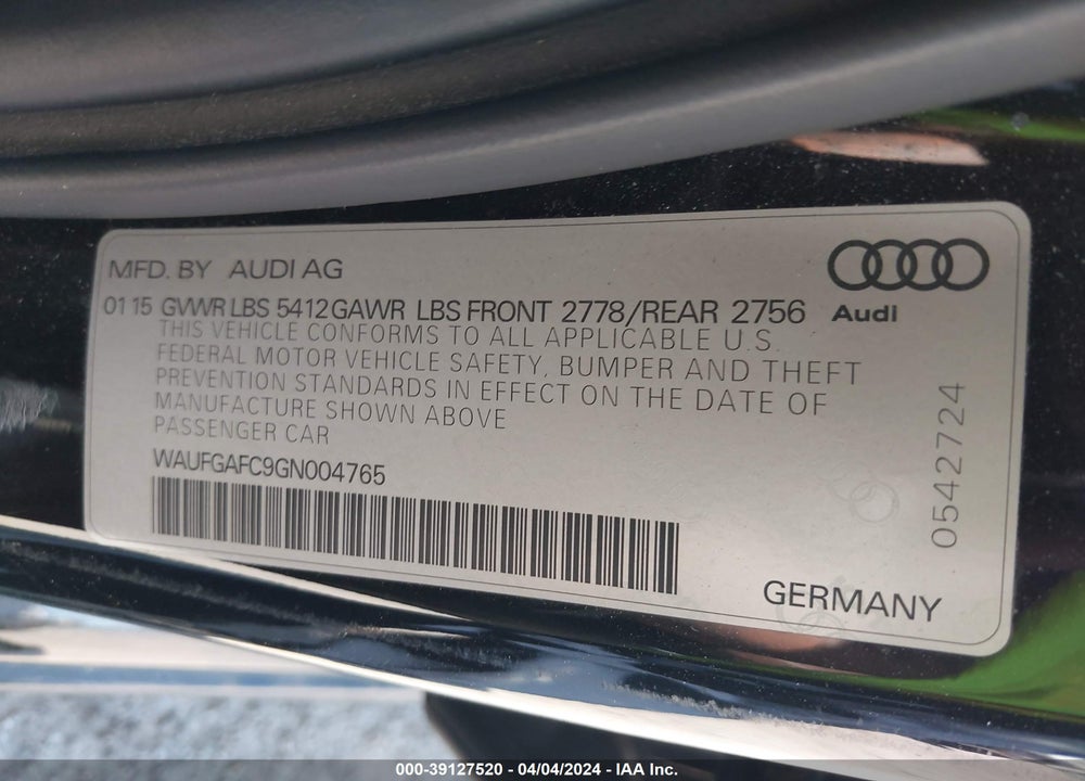 2016 AUDI A6 3.0T PREMIUM PLUS VIN: WAUFGAFC9GN004765