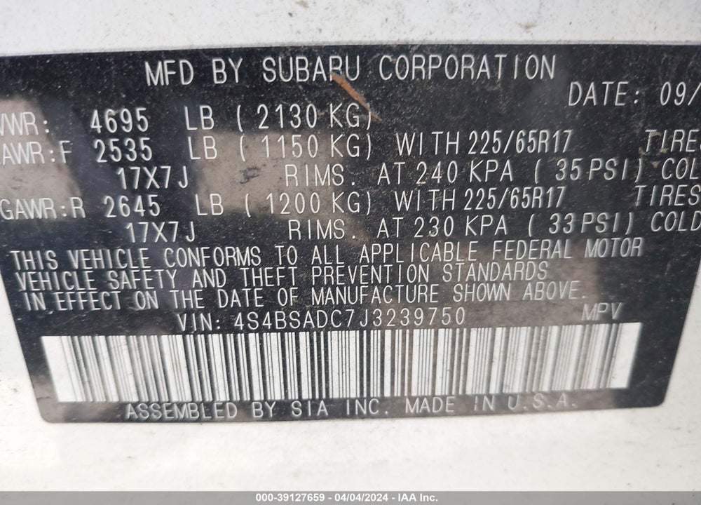 2018 SUBARU OUTBACK 2.5I PREMIUM VIN: 4S4BSADC7J3239750
