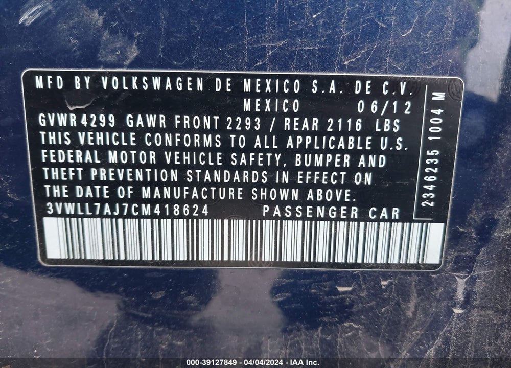 2012 VOLKSWAGEN JETTA 2.0L TDI VIN: 3VWLL7AJ7CM418624