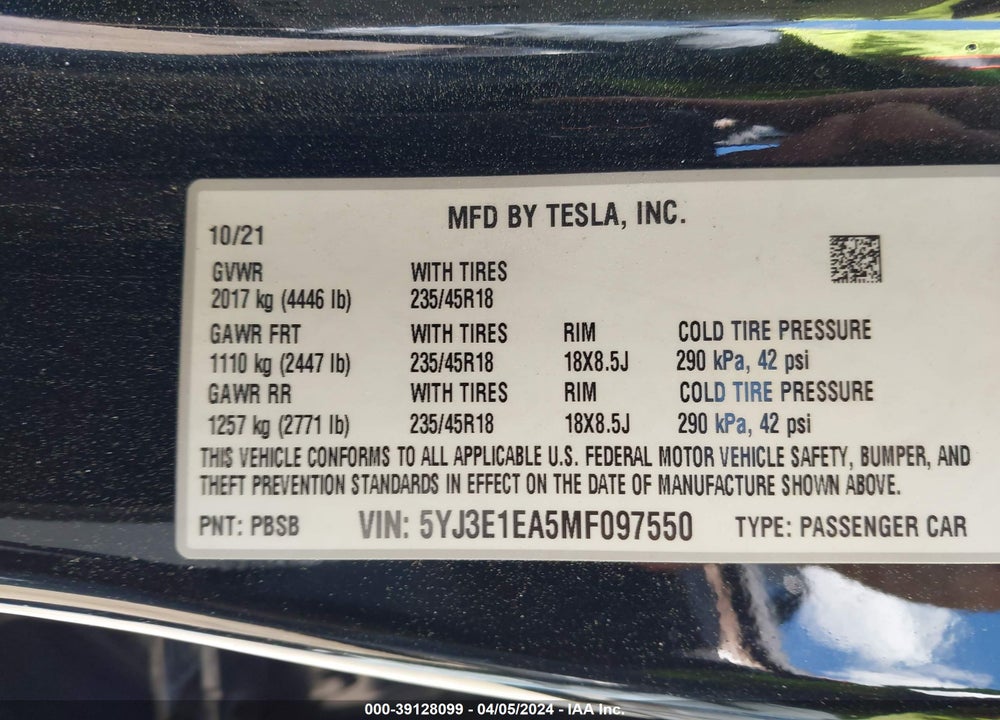 2021 TESLA MODEL 3 STANDARD RANGE PLUS REAR-WHEEL DRIVE VIN: 5YJ3E1EA5MF097550