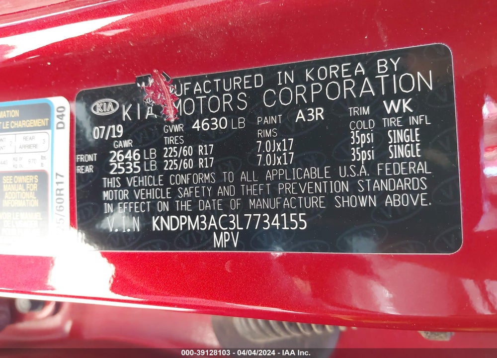 2020 KIA SPORTAGE LX VIN: KNDPM3AC3L7734155