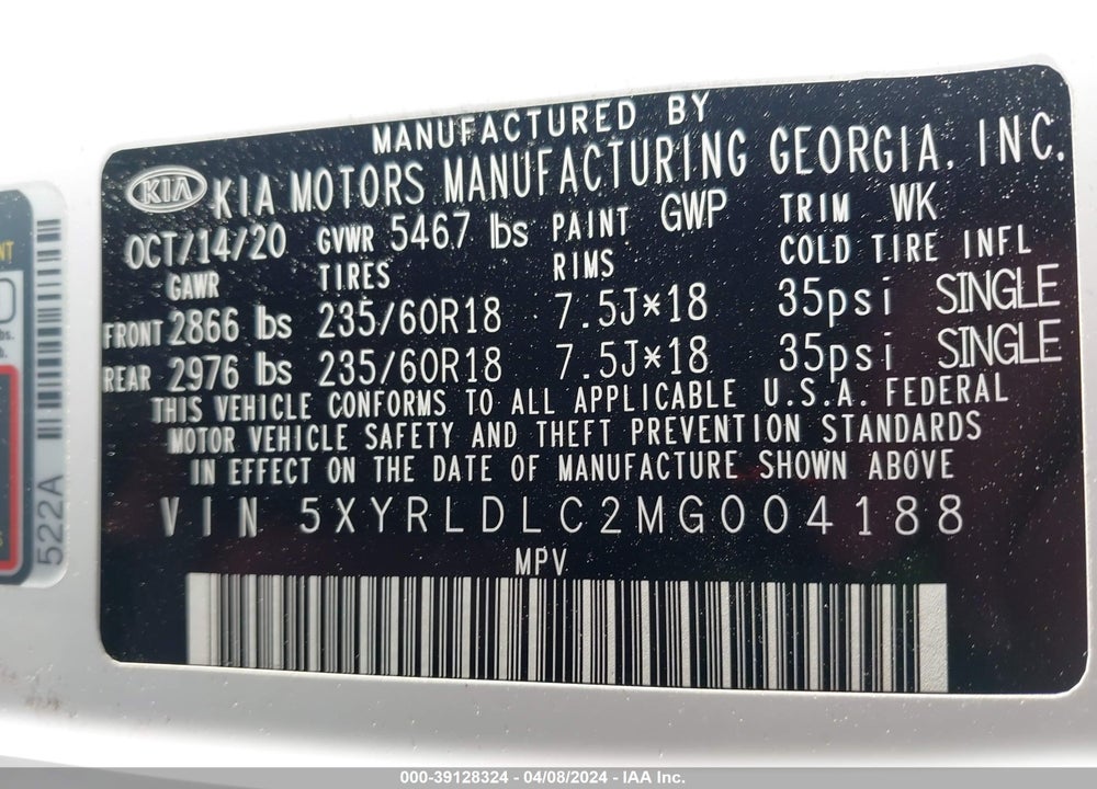 2021 KIA SORENTO S VIN: 5XYRLDLC2MG004188