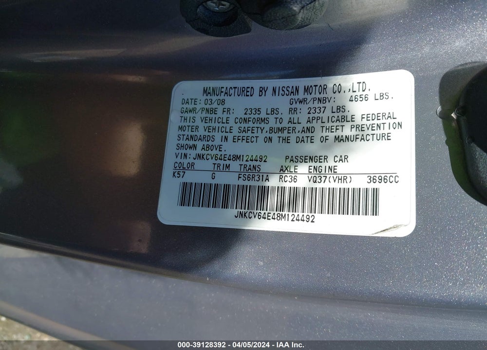 2008 INFINITI G37 SPORT VIN: JNKCV64E48M124492