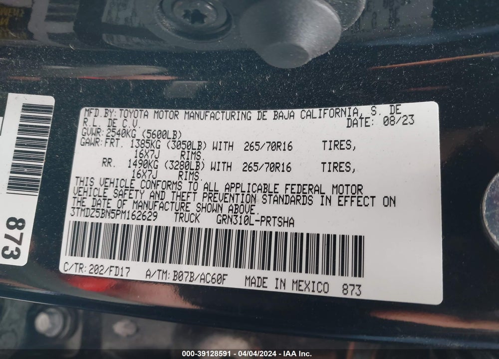 2023 TOYOTA TACOMA TRD OFF ROAD VIN: 3TMDZ5BN5PM162629