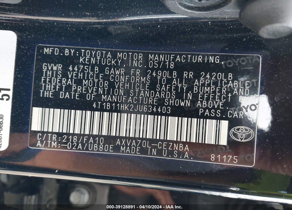 2018 TOYOTA CAMRY VIN: 4T1B11HK2JU634403