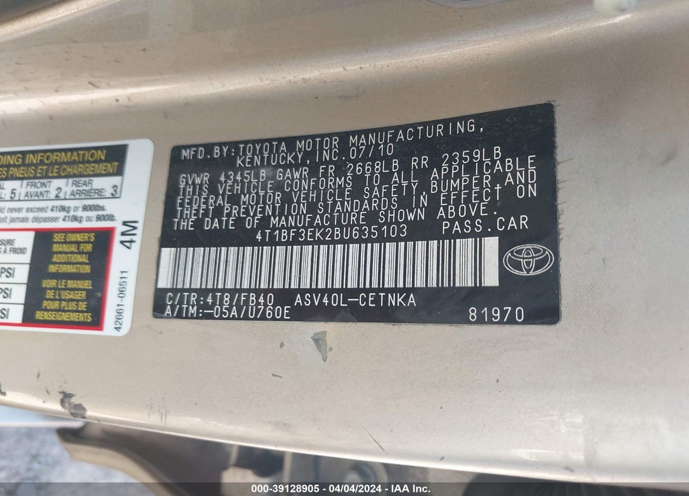 2011 TOYOTA CAMRY LE VIN: 4T1BF3EK2BU635103
