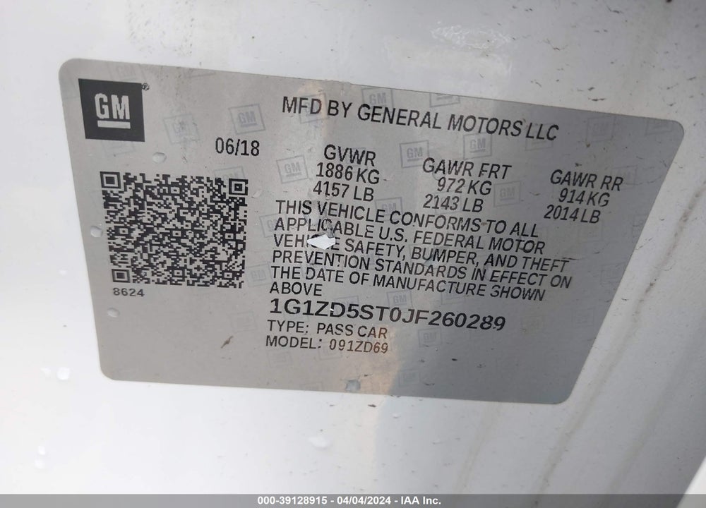 2018 CHEVROLET MALIBU LT VIN: 1G1ZD5ST0JF260289
