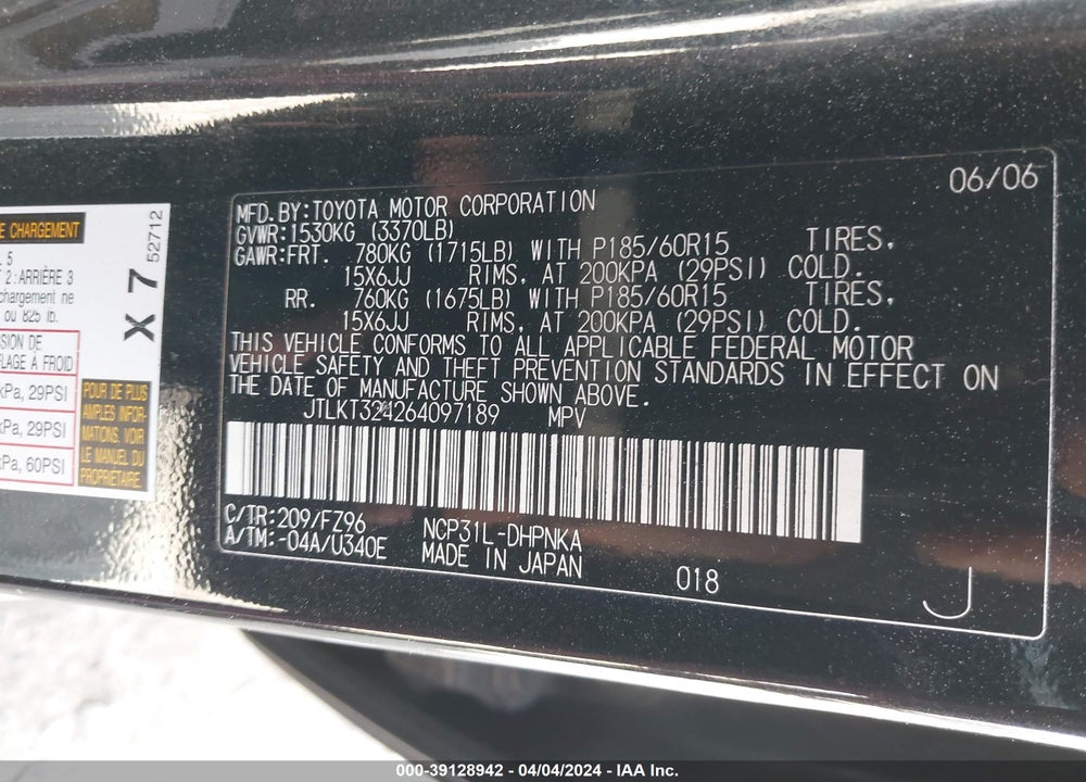 2006 SCION XB VIN: JTLKT324264097189