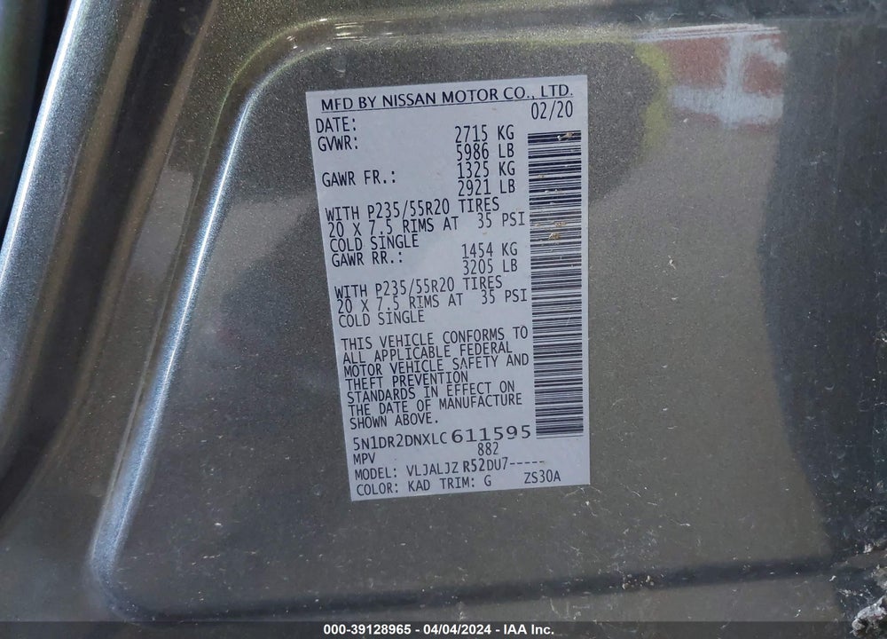2020 NISSAN PATHFINDER PLATINUM 2WD VIN: 5N1DR2DNXLC611595