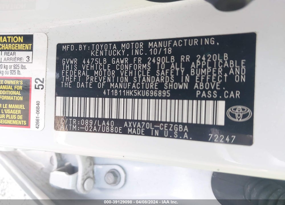 2019 TOYOTA CAMRY VIN: 4T1B11HK5KU696895