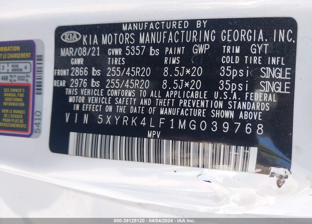 2021 KIA SORENTO SX VIN: 5XYRK4LF1MG039768