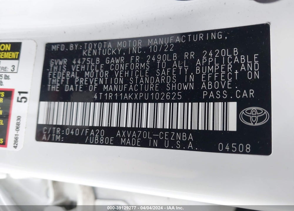 2023 TOYOTA CAMRY LE VIN: 4T1R11AKXPU102625