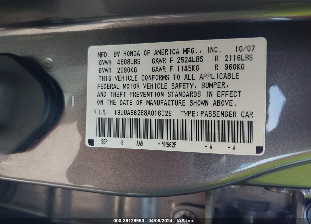 2008 ACURA TL 3.2 VIN: 19UUA66268A016026