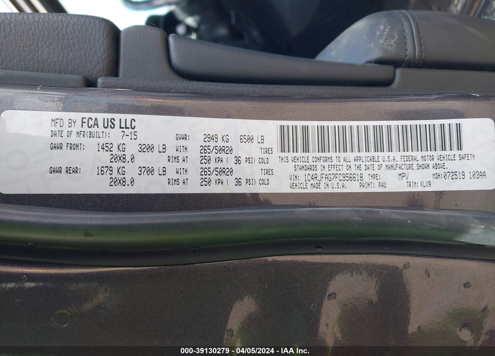 2015 JEEP GRAND CHEROKEE ALTITUDE VIN: 1C4RJFAG7FC956618