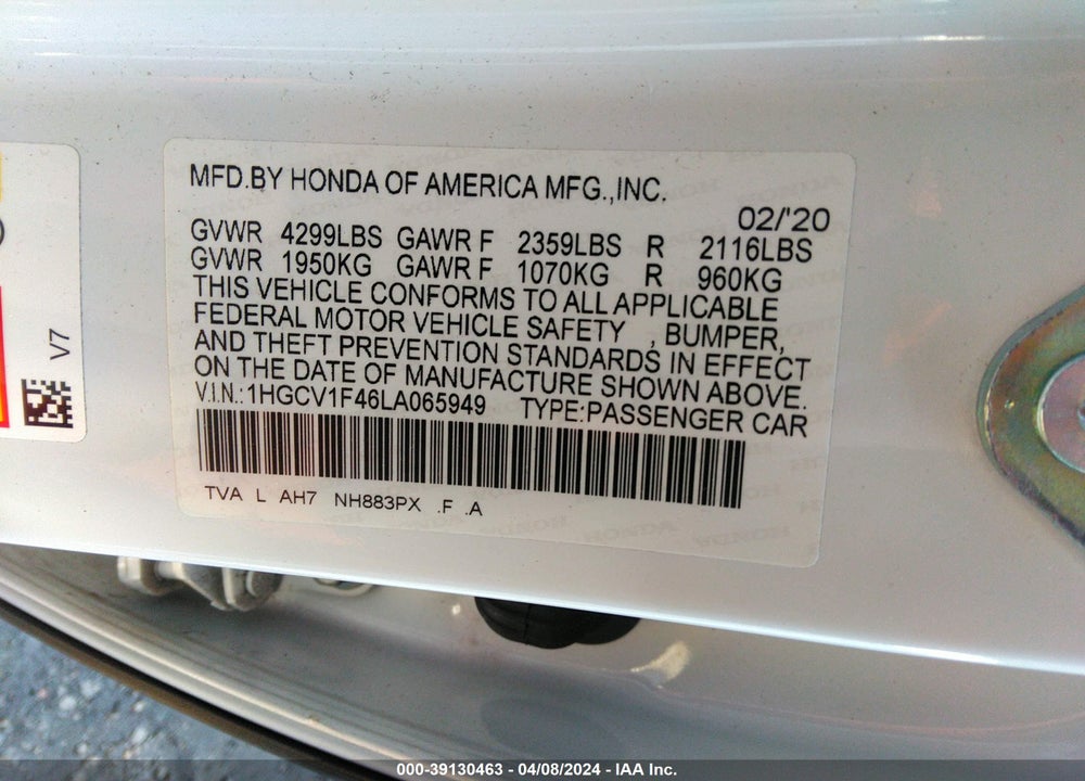 2020 HONDA ACCORD EX VIN: 1HGCV1F46LA065949