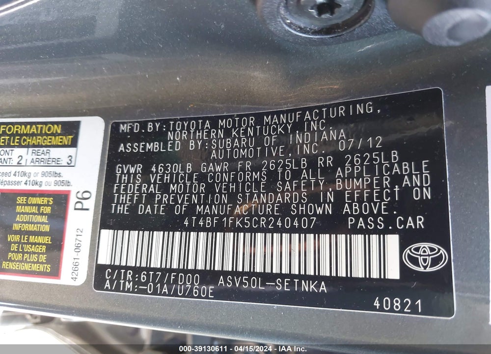 2012 TOYOTA CAMRY LE VIN: 4T4BF1FK5CR240407