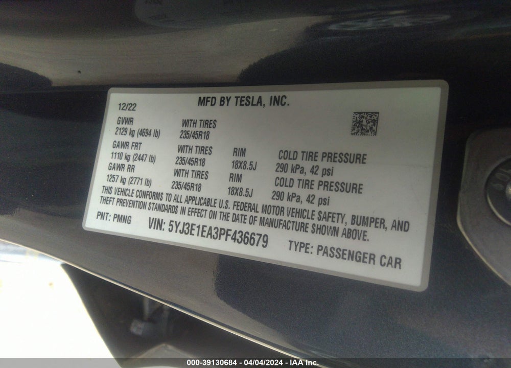 2023 TESLA MODEL 3 REAR-WHEEL DRIVE VIN: 5YJ3E1EA3PF436679
